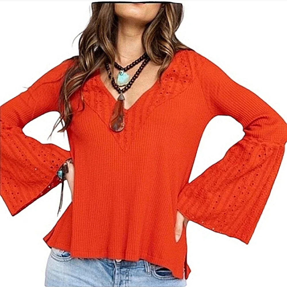 Free People Parisian Nights V-neck Waffle Knit Top Vermillion Red Size XS NWT